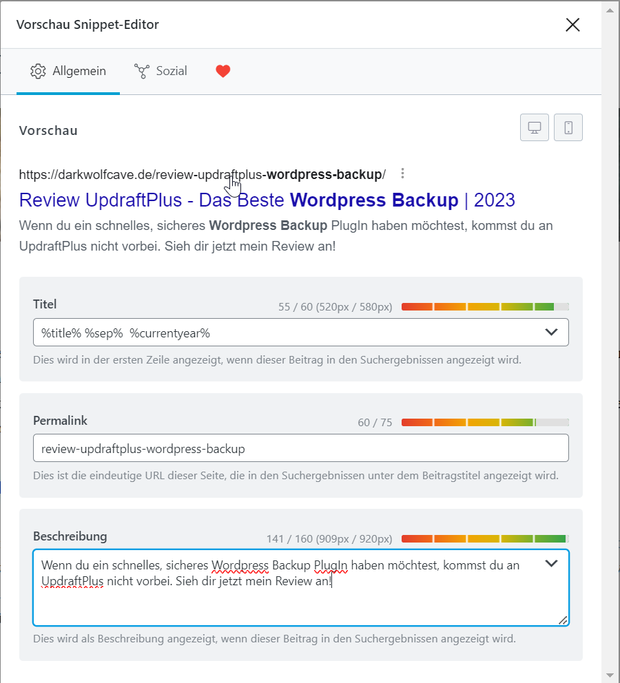 Rank Math grüne Balken nach Optimierung