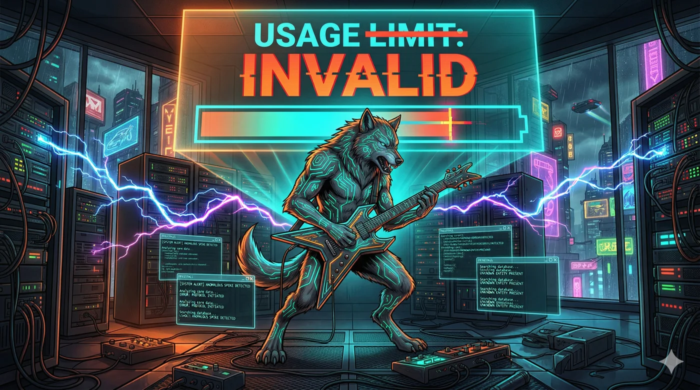 Wolf schaut ungläubig auf leeren Token-Zähler — Claude Limit bereits nach einer Stunde erreicht