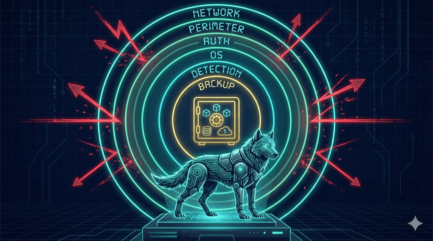 Cyber-Wolf inmitten von Defense-in-Depth Schutzringen um einen Backup-Tresor