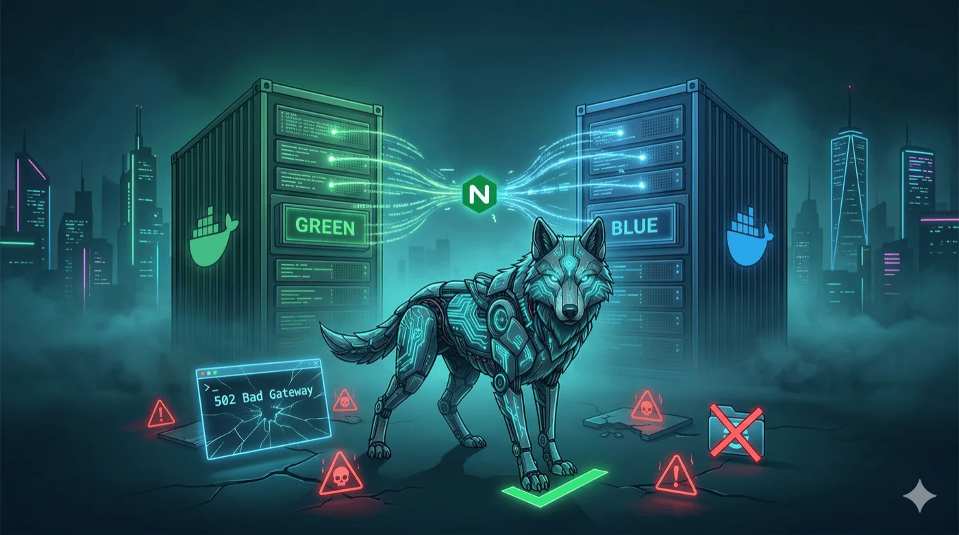 Server-Racks mit leuchtenden Kabeln und einem Wolf-Logo - Architektur von CronWolf