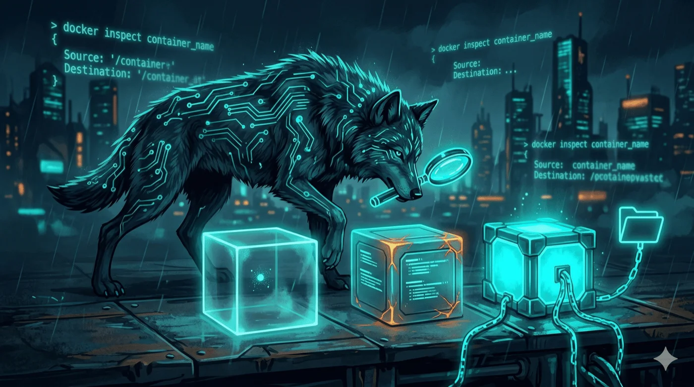 Wolf untersucht mit Lupe verschiedene Docker-Container und findet versteckte Datenverzeichnisse