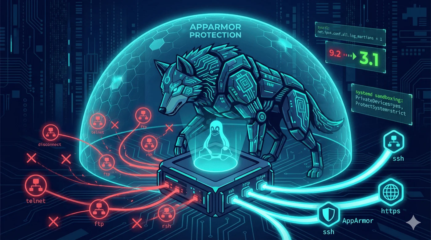 Cyber-Wolf in digitaler Rüstung schützt Linux-Server vor Angriffen