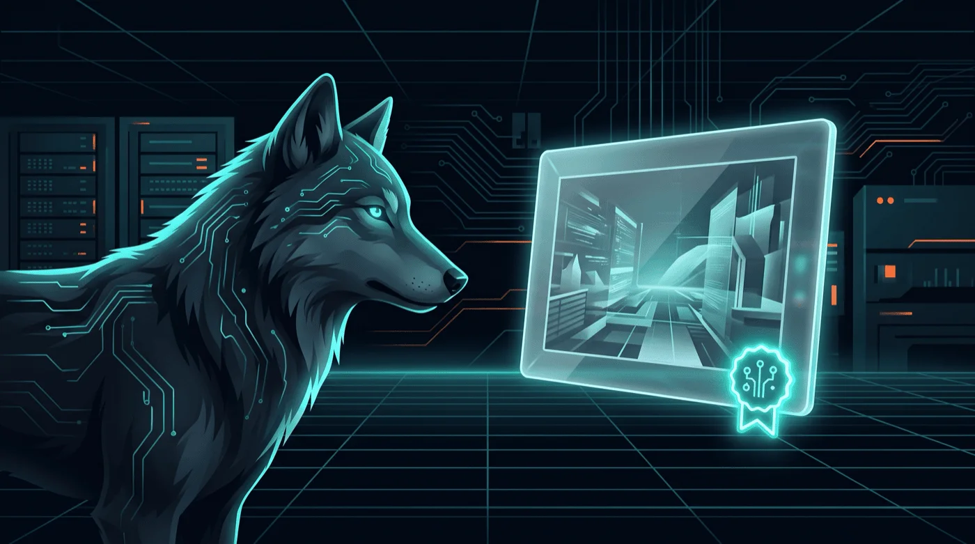 DarkWolf prüft ein KI-generiertes Bild mit einem Kennzeichnungs-Badge