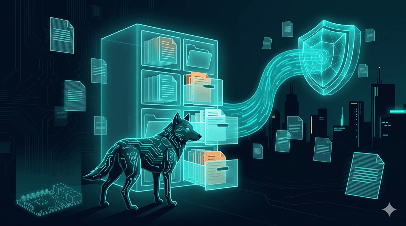Wolf bewacht einen Aktenschrank mit Backup-Symbol — Paperless-NGX Backup auf dem Raspberry Pi