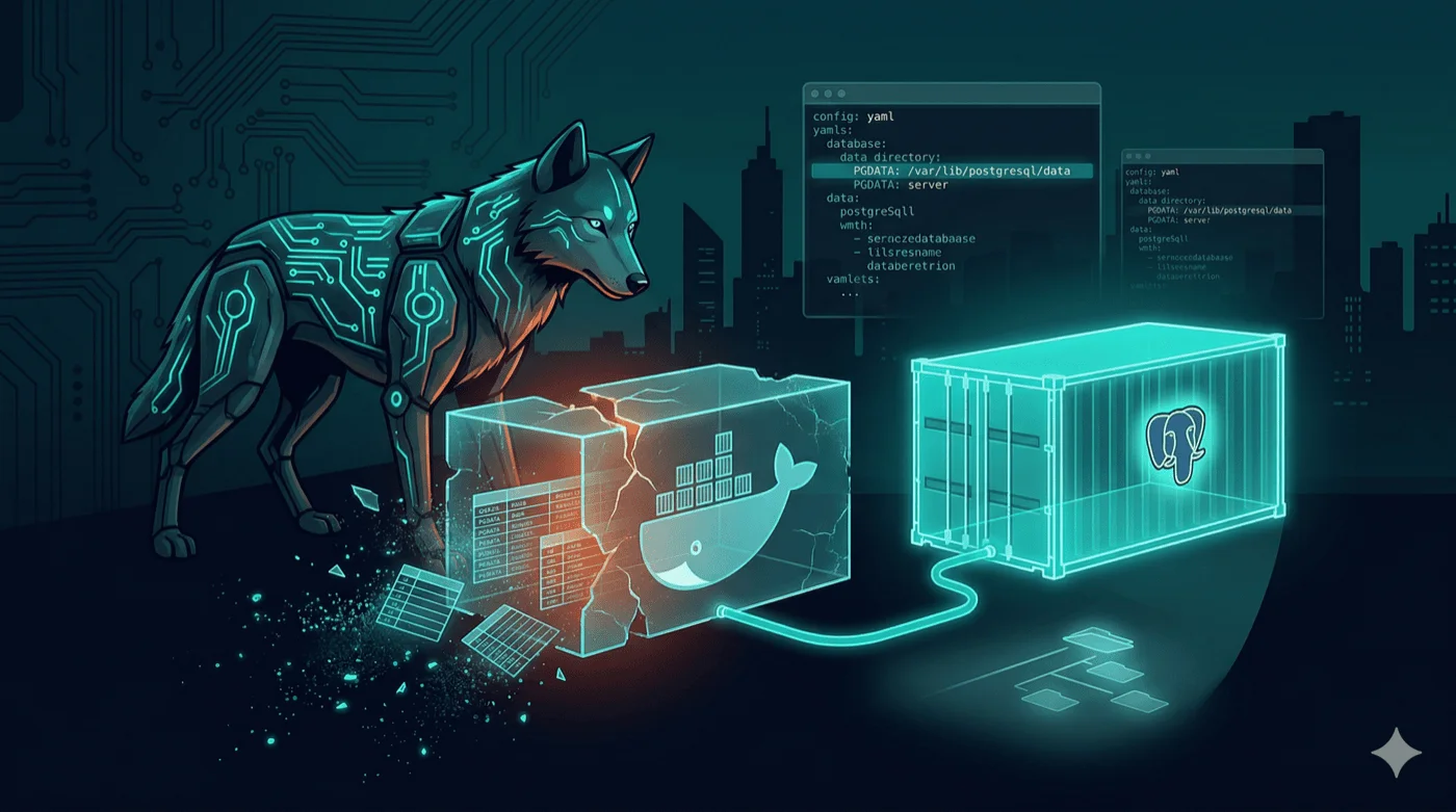 Wolf blickt besorgt auf einen Docker-Container mit PostgreSQL-Logo aus dem Daten herausfallen