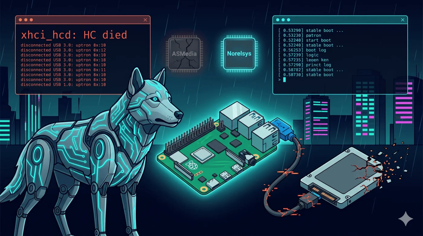 Cyber-Wolf untersucht Raspberry Pi 4 mit defekter USB-SSD-Verbindung und xHCI HC died Fehler im Terminal