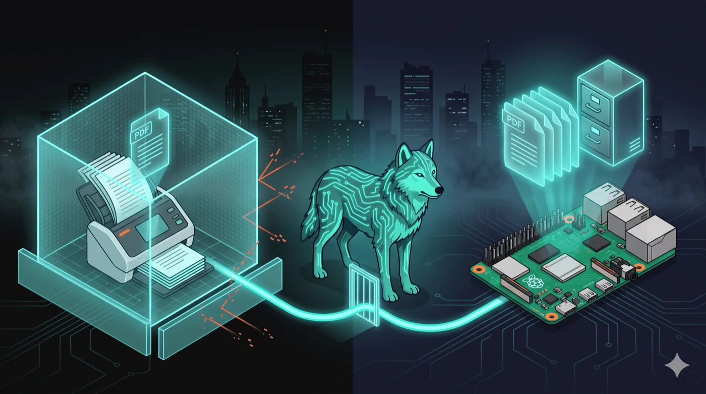 Netzwerkscanner im abgeschotteten IoT-VLAN scannt in einen Paperless-Ordner, dahinter ein wachsamer Wolf als Firewall