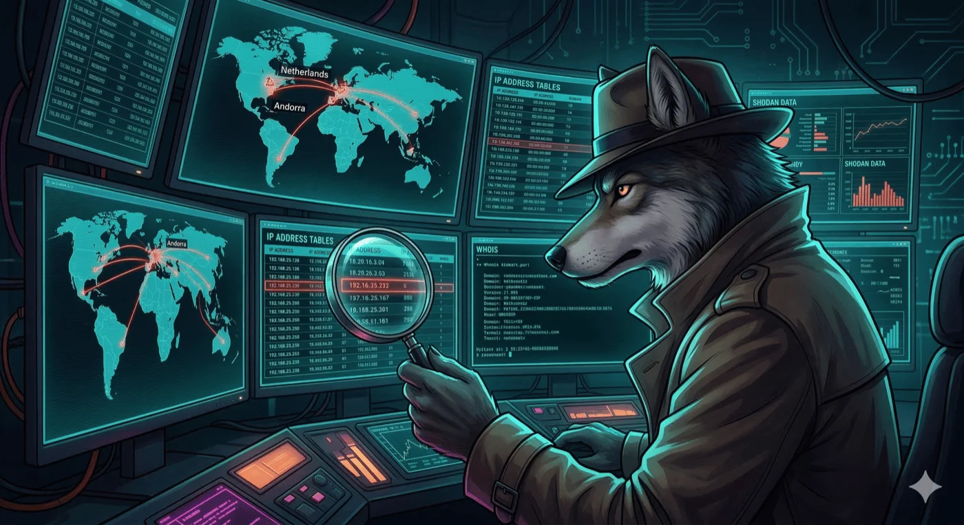 Wolf untersucht SSH-Angreifer-Daten mit Lupe — IP-Analyse, Whois und Shodan
