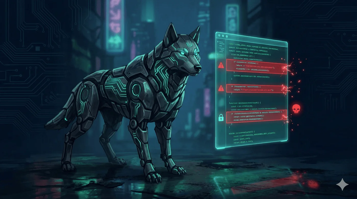 Code-Editor mit AI-generierten Vorschlägen und Warnsymbolen