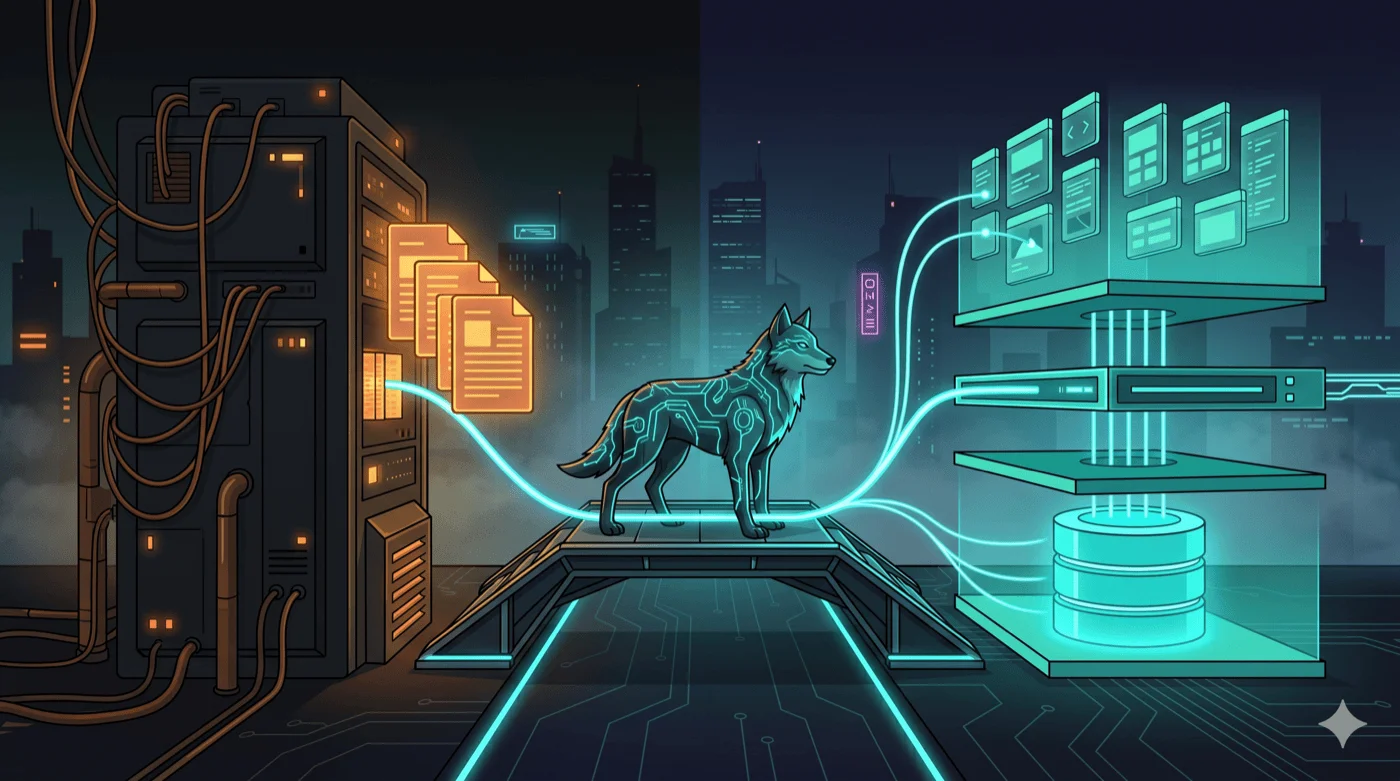 Cyberpunk-Wolf auf einer leuchtenden Brücke zwischen einem alten monolithischen Server und einem modernen, in Schichten getrennten Web-Stack