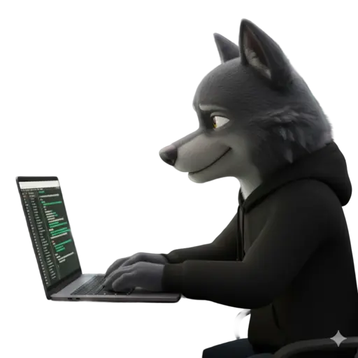 DarkWolf im Hoodie am Laptop