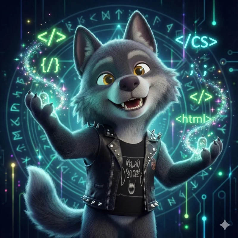 Wolf zaubert Code aus leuchtender magischer Kugel - symbolisiert die Magie der KI-gestützten Entwicklung mit Gemini