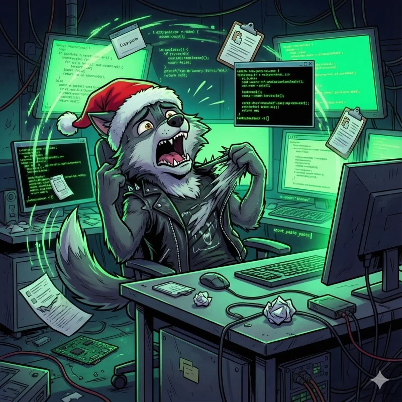 Frustrierter Wolf umgeben von Chaos und Papieren - die Copy-Paste-Hölle bei der Entwicklung ohne IDE-Integration