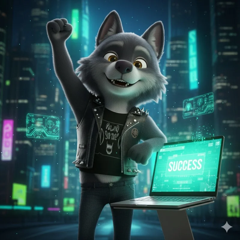 Wolf feiert Erfolg mit erhobenen Armen - erfolgreicher Abschluss des KI-Entwicklungsexperiments mit Favoritenportal.de